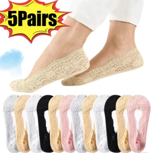 5Pairs Women Boat Socks Summer Slippers Non-slip Breathable Lace Lace Invisible Sock Sexy Non-slip Cool Thin Socks Fashion Sock