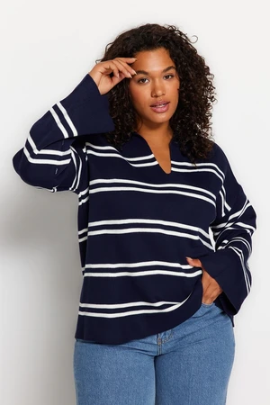 Trendyol Curve Navy Blue Striped Knitwear Sweater