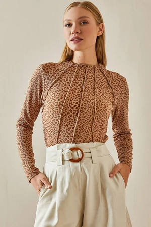 XHAN Tan Stitching Detail Half Turtleneck Blouse