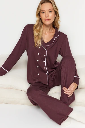 Trendyol Brown 100% Cotton Piping and Button Detailed Shirt-Pants Knitted Pajamas Set