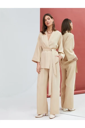 Koton Fabric Palazzo Trousers with Pockets, Belted Waist and Pleated.