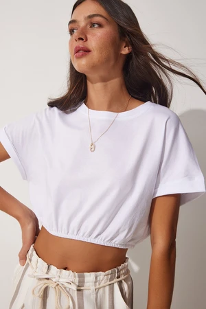 Happiness İstanbul Women's White Crop T-Shirt with Elastic Waist