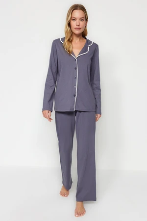 Trendyol Anthracite Cotton Pile Detailed Shirt-Pants Knitted Pajamas Set