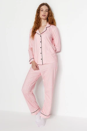 Trendyol Pink Stripe Patterned piping fleece inner Shirt-Pants Knitted Pajamas Set