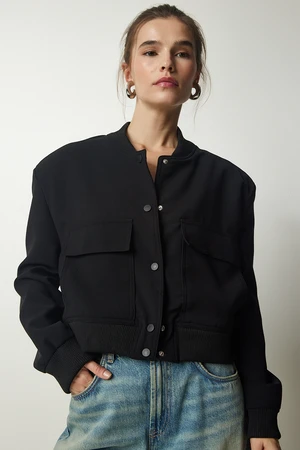 Happiness İstanbul Women's Black Wide Pocket Bomber Jacket