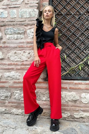 Trend Alaçatı Stili Women's Red High Waist Double Pocket Pleated Snap Closure Palazzo Pants