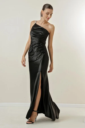 By Saygı One-Shoulder Straps Crepe Satin Long Dress with Draped and Lined Front