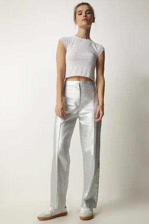 Happiness İstanbul Women's Metallic Gray Metallic Carrot Pants