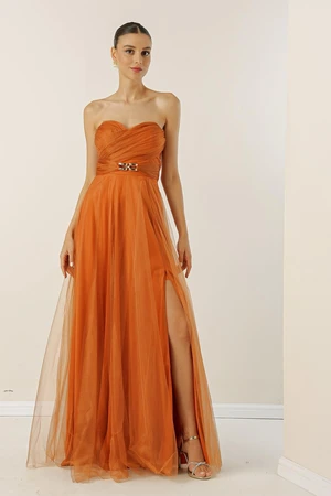 By Saygı Strapless, Buckled Waist, Draped and Lined Long Tulle Dress