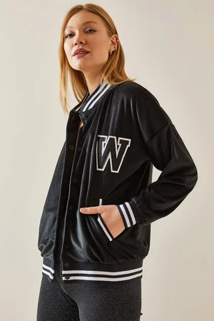 XHAN Black Ribbed Velvet Bomber Jacket