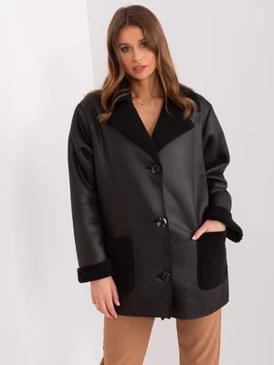 Women's black sheepskin coat with buttons