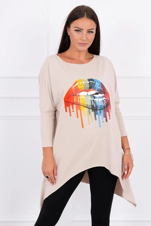 Oversize blouse with beige rainbow lip print