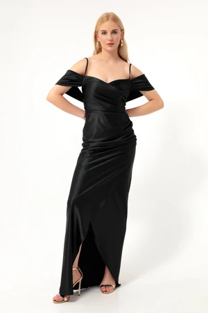 Lafaba Women's Black Thin Straps Double Breasted Neck Slit Long Evening Dress.