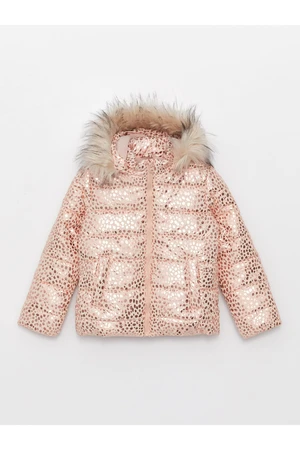 LC Waikiki Girls' Printed Down Jacket with a Hoodie