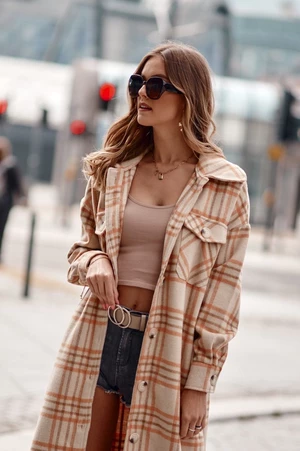 Lady's Orange Checkered Beige Shirt Coat