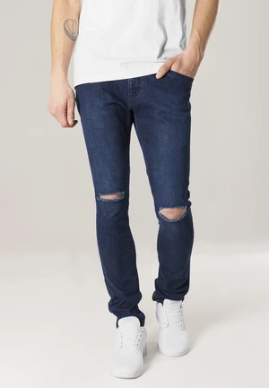 Slim Fit Knee Cut Denim Pants Dark Blue