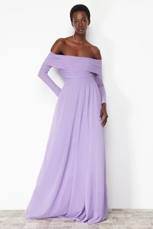 Trendyol Lilac A-Cut Carmen Neckline Knitted Tulle Long Evening Evening Dress