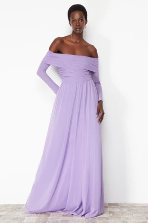 Trendyol Lilac A-Cut Carmen Neckline Tulle Long Evening Evening Dress