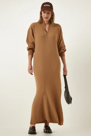 Happiness İstanbul Women's Biscuit Zipper Collar Ribbed Long Knitwear Dress