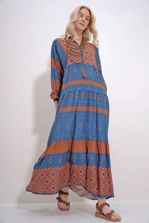 Trend Alaçatı Stili Women's Brown-Blue Collar Tassel Detailed Layered Flounced Ethnic Patterned Woven Viscose Dress