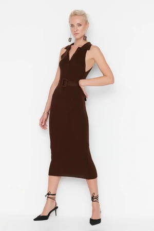 Trendyol Brown Belted Midi Knitwear Dress