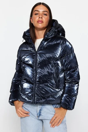 Trendyol Navy Blue Oversized Hooded Shiny Water Repellent Inflatable Coat