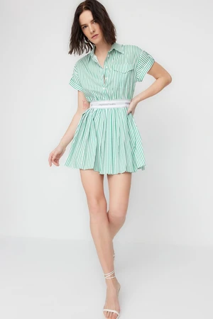 Trendyol X Sagaza Studio White-Green Elastic Detailed Poplin Dress