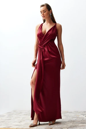 Trendyol Burgundy Woven Satin Long Evening Evening Dress