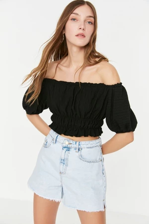 Trendyol Black Carmen Collar Crepe Crop Knitted Blouse