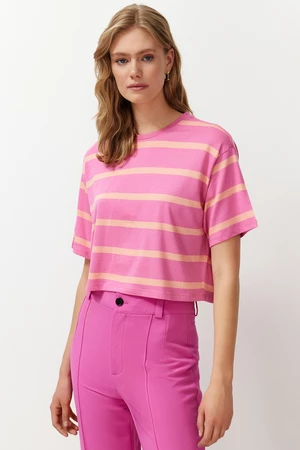 Trendyol Pink Striped Relaxed Crop Stretchy Knitted T-Shirt