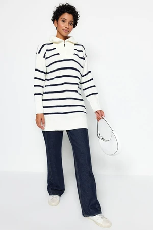 Trendyol Navy Blue Striped Collar Zippered Knitwear Sweater