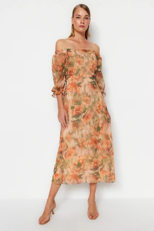 Trendyol Orange Floral Carmen gallér A-vonal/Bell Form Siffon Maxi bélelt szőtt ruha