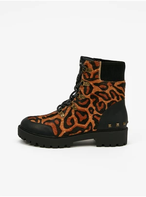 Brown Leather Ankle Boots with Leopard Pattern Desigual Biker Le - Ladies