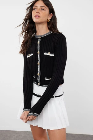 Trendyol Black Crop Color Block Jacket Look Knitwear Cardigan