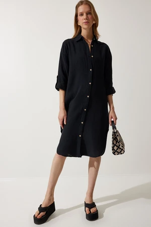 Happiness İstanbul Women's Black Oversize Muslin Shirt Dress