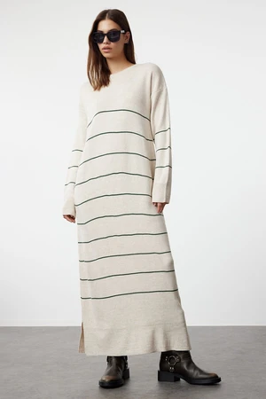 Trendyol Stone Green Striped Long Knitwear Dress