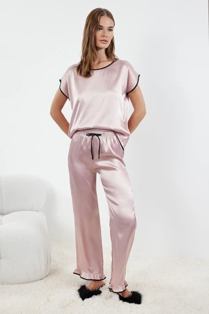 Trendyol Pink Ruffle, Tie and Piping Detailed Satin Woven Pajama Set