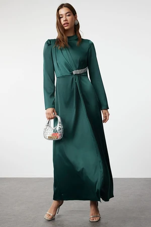 Trendyol Emerald Green Stone Belted Long Satin Woven Evening Dress