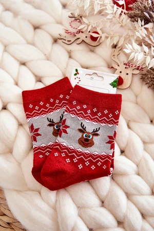 Women's Christmas Socks Shiny Reindeer Red and Grey