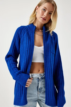 Happiness İstanbul Women's Dark Blue Zippered Knitwear Cardigan