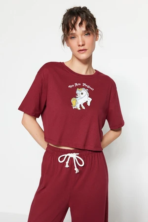 Trendyol Claret Red Printed T-shirt-Pants Knitted Pajama Set