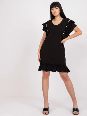 Black cotton casual dress with ruffle