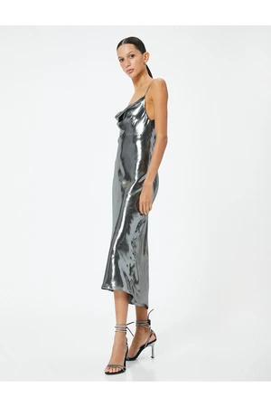 Koton Shiny Metallic Midi Evening Dress with Thin Straps and Off-the-shoulder Neckline