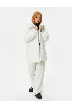 Koton Puffer Coat Hooded Zipper Detachable Faux Für