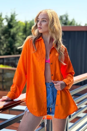 Trend Alaçatı Stili Women's Orange Motif Oversize Linen Shirt