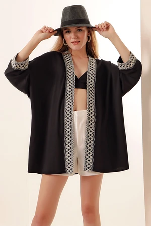 Bigdart 5866 Embroidered Knitted Kimono - Black