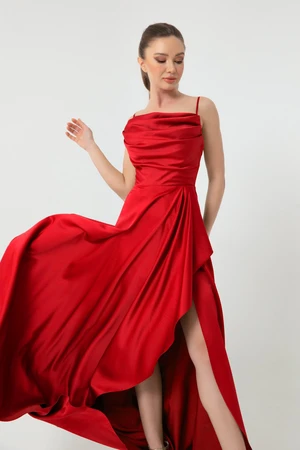 Lafaba Women's Red Ruffles and Slit Satin Evening & Prom Dress