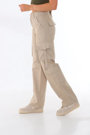 BİKELİFE Beige High Waist Multi Pocket Wide Leg Wide Leg Cargo Pants