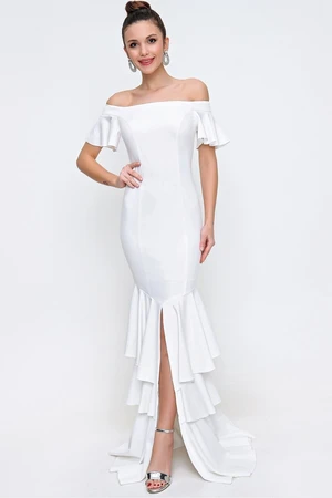 By Saygı Women's Madonna Collar Evening Dress with Tiered Ecru Skirt and a Slit in the Front.