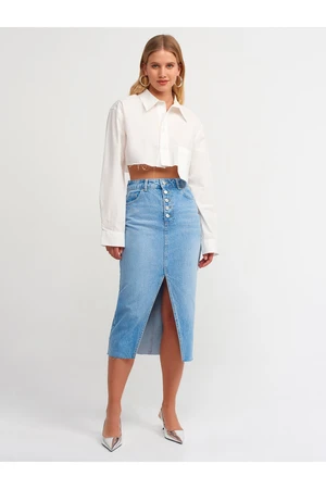 Dilvin 80515 Deep Slit Denim Skirt-blue